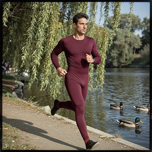 Photograph of a fit man with short dark hair, wearing a maroon long-sleeve bodysuit and black shoes, jogging along a lakes