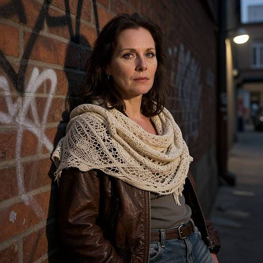 Photograph of a serious middle-aged woman with dark hair, wearing a brown leather jacket, white lace shawl, and blue jeans, standing against a