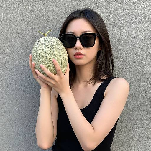 Asian woman with black hair, wearing black tank top and large black sunglasses, holding a green melon against a gray wall.