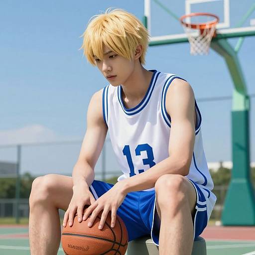Digital artwork of a blonde-haired young man in a white and blue basketball jersey, sitting on a court, holding an orange basketball. Bright blue sky and