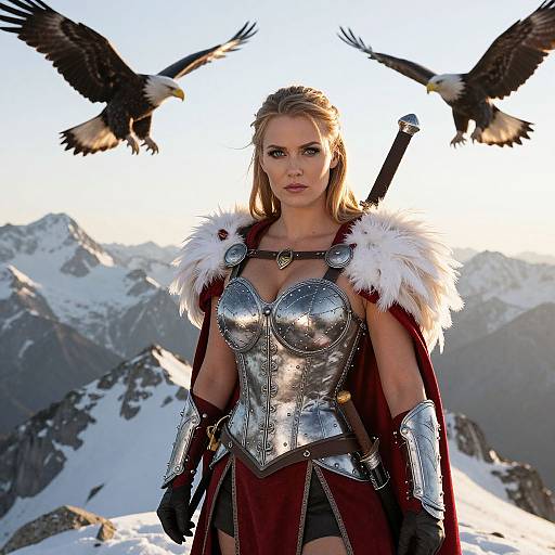 Photorealistic CGI of a blonde, armored woman with eagle feathers, standing in a snowy mountain range, flanked by two flying eagles.