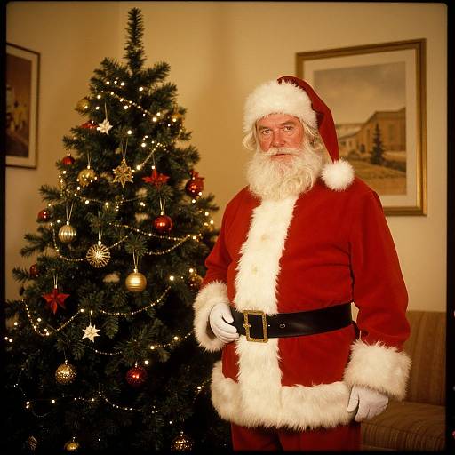 Photograph of a Santa Claus with a white beard and red suit standing beside a decorated Christmas tree in a warmly lit living room.