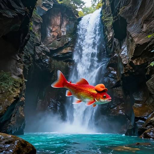 Photograph of a vibrant red-orange goldfish swimming in a turquoise pool beneath a powerful waterfall, surrounded by dark, rocky cliffs.