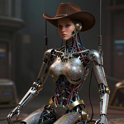 Photorealistic CGI of a female android with metallic silver body, brown cowboy hat, and exposed wires, sitting in a dimly lit, industrial background
