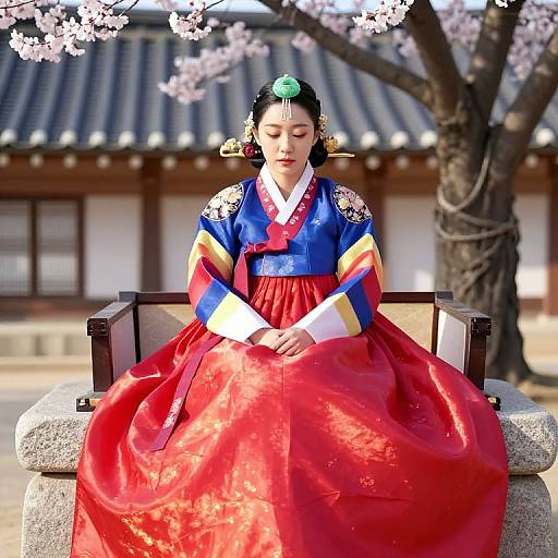 Photograph of a Korean woman in traditional hanbok with blue, red, and yellow colors, sitting on a stone bench under cherry blossoms,