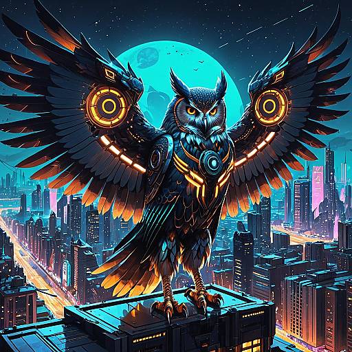 Cybernetic Owl over Futuristic Neon City
