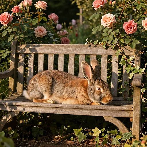 Photograph of a brown rabbit with large ears resting on a weathered wooden bench, surrounded by blooming pink roses and green foliage. Sunlight illumin