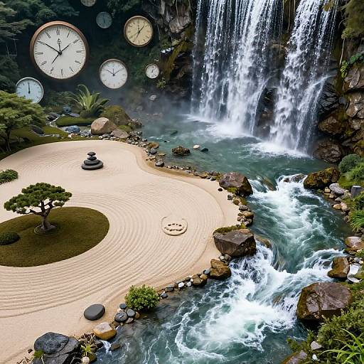 Photograph of a serene Japanese garden with a flowing waterfall, large clock faces, a Zen stone garden, and lush greenery.