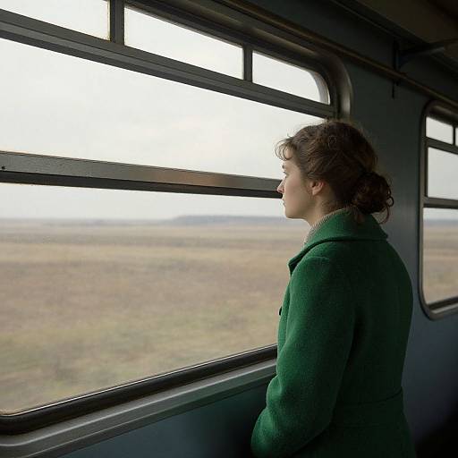 Photograph of a young woman with curly brown hair, wearing a green coat, gazing out a train window at a blurred, expansive countryside landscape.