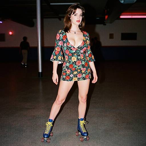 Photograph of a fair-skinned woman with red lipstick, wearing a floral romper, blue roller skates, and standing confidently in a dimly