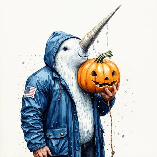 Narwhal Man in Blue Raincoat Holding Pumpkin