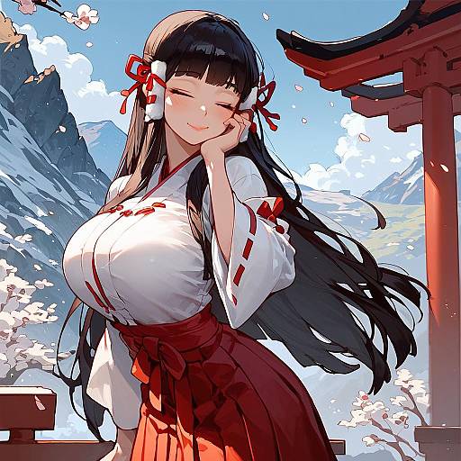 Digital anime-style drawing of a smiling, busty Japanese woman in a white kimono and red hakama, standing in front of a torii gate with