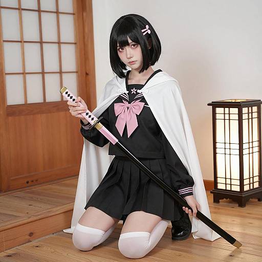 Dynamic Asian Cosplayer on Wooden Stairs