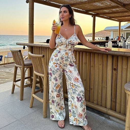 Photograph of a woman with long brown hair, wearing a white floral jumpsuit, holding an orange drink, standing at a beachside bar, sunset