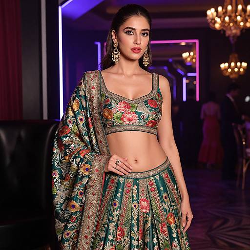 Photograph of a beautiful South Asian woman with dark hair, wearing a colorful, floral-patterned traditional lehenga and crop top, adorned with gold jewelry