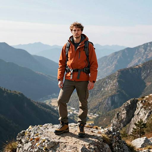 Hiker Standing on Rocky Outcrop with Mountain View