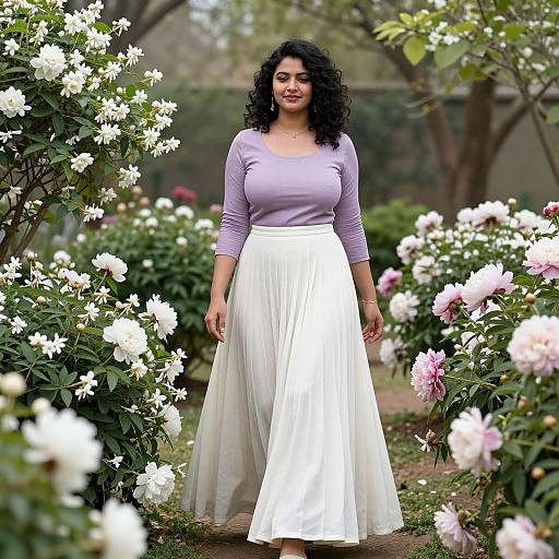 Photograph of a curvy South Asian woman with dark curly hair, wearing a lavender top and white flowy skirt, standing in a blooming garden