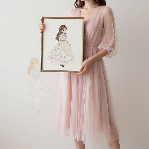 Photograph of a woman in a sheer, pink, knee-length dress holding a framed, minimalist drawing of herself in a similar dress.
