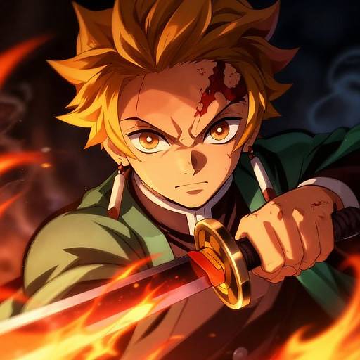 Dynamic anime-style drawing of a fierce, blond-haired, brown-eyed character with a bleeding forehead, gripping a blazing sword, intense expression.