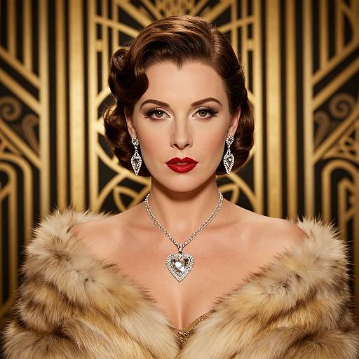 Vintage-style photograph of a woman with short, wavy brown hair, red lipstick, and fur coat, wearing diamond earrings and pendant, against gold,
