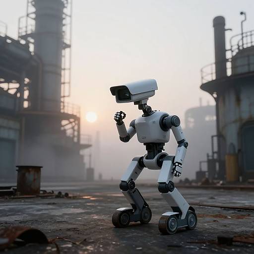 Photorealistic CGI of a white, humanoid robot with jointed limbs and a camera head, walking on a foggy, industrial rooftop at sunrise.