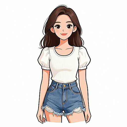 Digital anime-style drawing of a young woman with long brown hair, wearing a white ribbed t-shirt and blue high-waisted denim shorts with fr