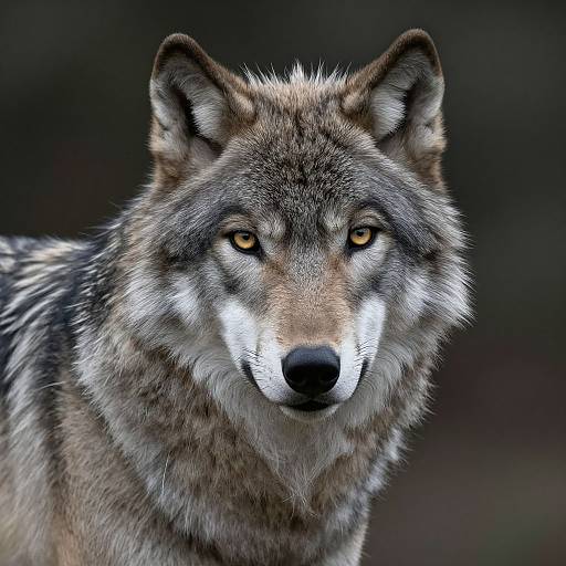 Photograph of a fierce gray wolf with piercing yellow eyes, detailed fur, and white markings on its face, set against a dark, blurred background.