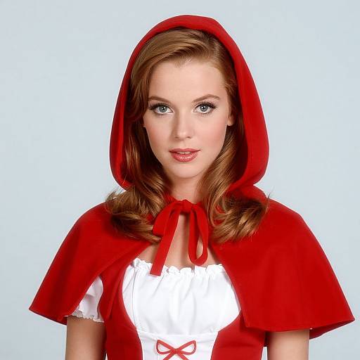 Photograph of a fair-skinned, red-haired woman with blue eyes, wearing a red hooded cape and white dress, resembling Little Red Riding Hood