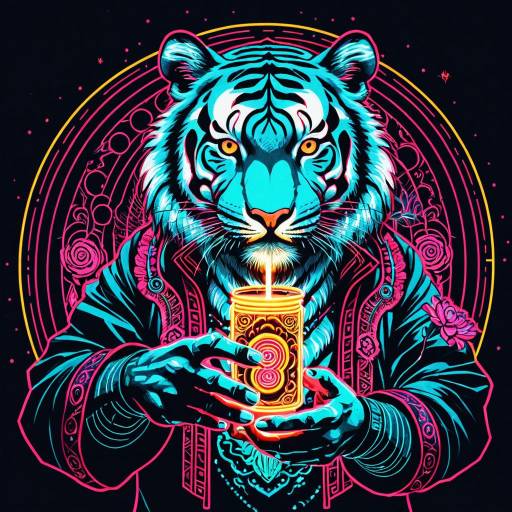 Psychedelic Anime Tiger Holding Glowing Nectar