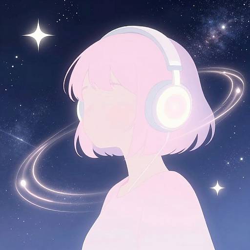 Silhouetted white figure with short hair, glowing halo-like ring, against starry, cosmic blue background; digital anime-style artwork.