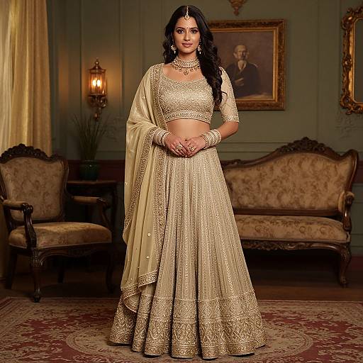 Photograph of a beautiful South Asian woman with long black hair, wearing an elegant gold embroidered traditional lehenga and choli, standing in a luxurious,