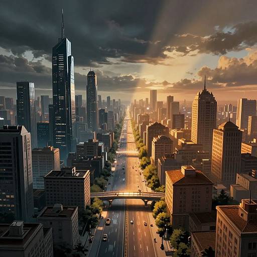 Digital art of a sunset-lit, futuristic cityscape with towering skyscrapers, illuminated streets, and a bridge, showcasing dramatic sunlight rays.
