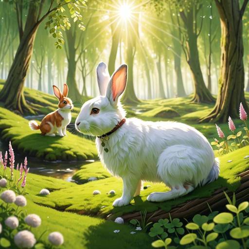 Two Rabbits in Sunlit Forest