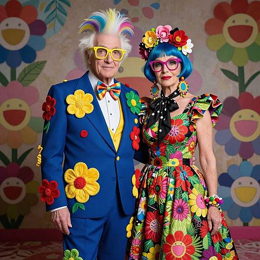 Photograph of an elderly couple in colorful outfits with flower patterns, yellow glasses, and vibrant hairstyles, standing against a floral wallpaper.