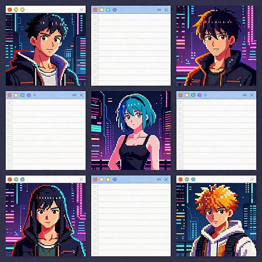Pixel art grid of six anime characters with neon city backgrounds, each in a separate white-bordered box, showcasing diverse hairstyles and expressions.
