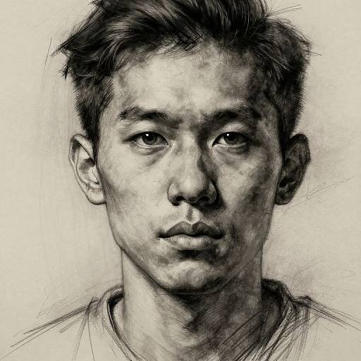 Black and white sketch of a young Asian man with short, messy hair, serious expression, and detailed facial features, wearing a simple shirt. Realistic