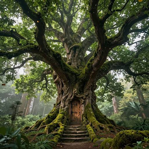 Photograph of a massive, ancient tree with a wooden door in the trunk, surrounded by dense, misty forest and lush greenery.