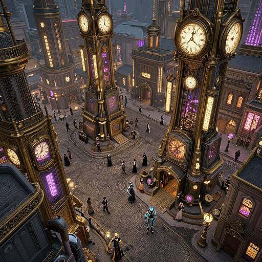 Steampunk-style photograph of a bustling, cobblestone plaza featuring four large, glowing clock towers with purple and orange lights. People in dark Victorian