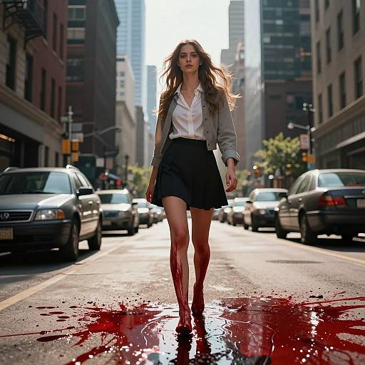 Photograph of a blood-stained woman in white blouse, black skirt, and gray jacket, walking through a sunlit urban street with blood pooling around