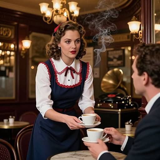 Vintage photograph of a 1940s-styled waitress with curly brown hair, red bow, black dress, white blouse, serving coffee to a man