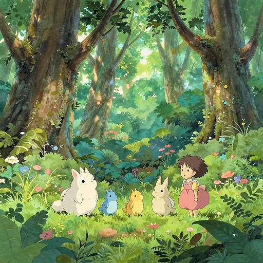 Anime-style digital illustration of a forest with tall trees, sunlight filtering through leaves, colorful flowers, and a girl in a pink dress with five fluffy,