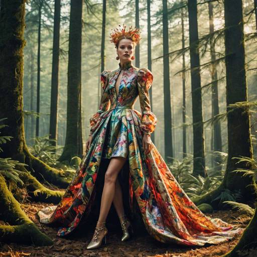 Woman in Colorful Alexander McQueen Inspired Dress in Enchanted Forest