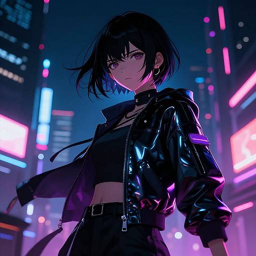 Cyberpunk digital art: Dark-haired woman with purple eyes, black leather jacket, and crop top, stands confidently in a neon-lit cityscape
