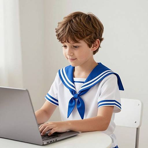 Photograph of a young boy with brown hair, wearing a white sailor uniform with blue trim, typing on a laptop in a bright, white room.