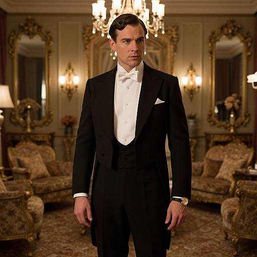 Photograph of a serious-looking man in a black tuxedo with white shirt and bow tie, standing in an opulent, warmly lit, ch