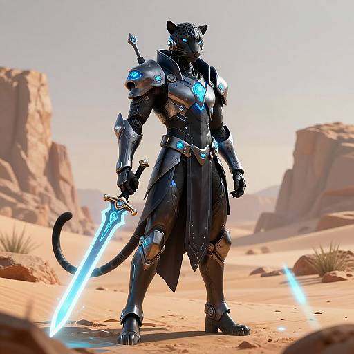 CGI image of a black panther warrior in futuristic, glowing blue armor with a sword in each hand, standing in a desert landscape with rocky cliffs