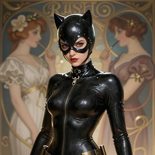 Catwoman in Detailed Black Latex Costume