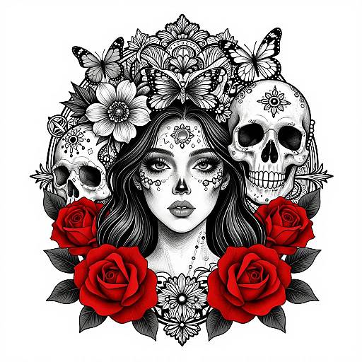 Digital black-and-white illustration of a woman with floral and skull crown, red roses, intricate tattoos, and intense gaze.
