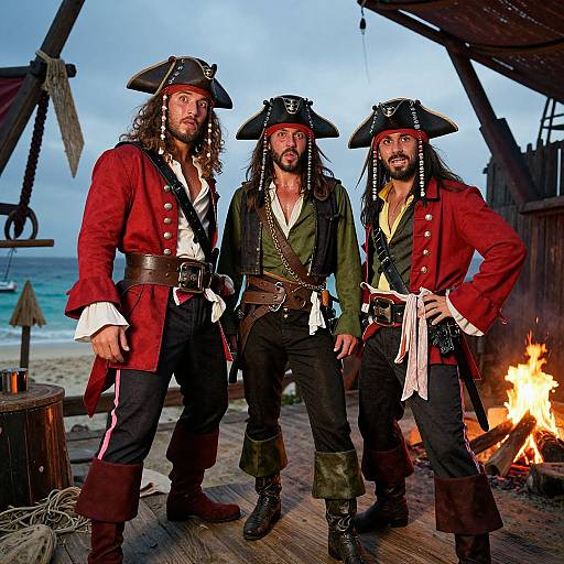 Photograph of three muscular, bearded pirates with tricorn hats, red and green coats, black pants, and belts, standing by a beachside