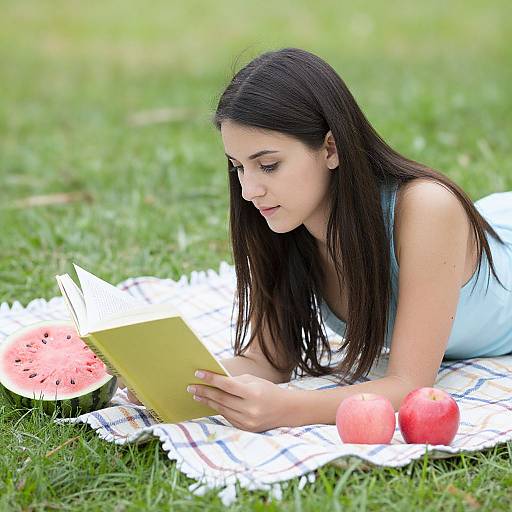 Young woman with long black hair, white tank top, reading on a plaid blanket in grass, with watermelon and apples nearby.